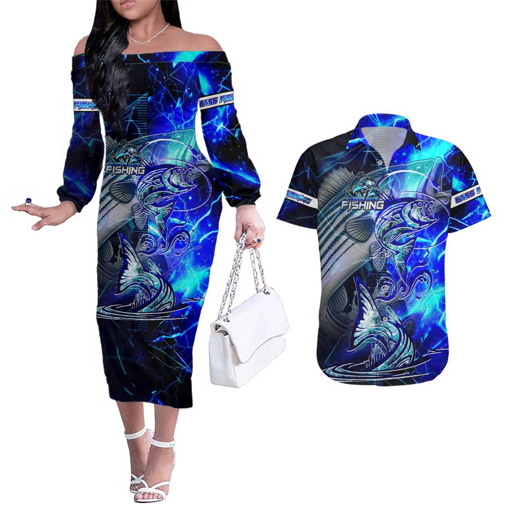 Blue Lightning Striped Bass Couples Matching Off The Shoulder Long Sleeve Dress and Hawaiian Shirt Power Surge Fishing Hook Electric Print - Wonder Print Shop