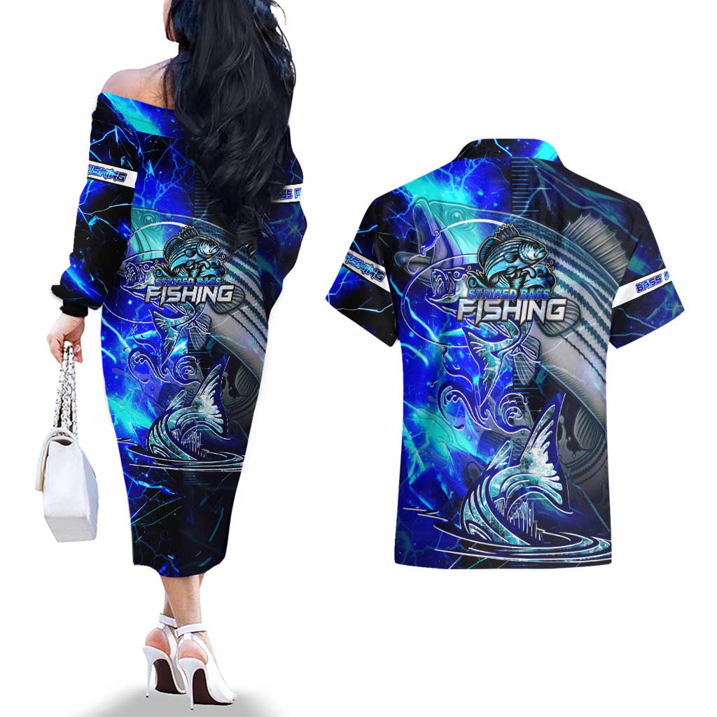 Blue Lightning Striped Bass Couples Matching Off The Shoulder Long Sleeve Dress and Hawaiian Shirt Power Surge Fishing Hook Electric Print - Wonder Print Shop