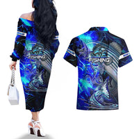 Blue Lightning Striped Bass Couples Matching Off The Shoulder Long Sleeve Dress and Hawaiian Shirt Power Surge Fishing Hook Electric Print - Wonder Print Shop