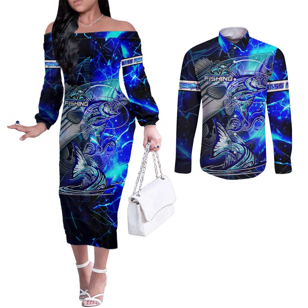 Blue Lightning Striped Bass Couples Matching Off The Shoulder Long Sleeve Dress and Long Sleeve Button Shirt Power Surge Fishing Hook Electric Print - Wonder Print Shop