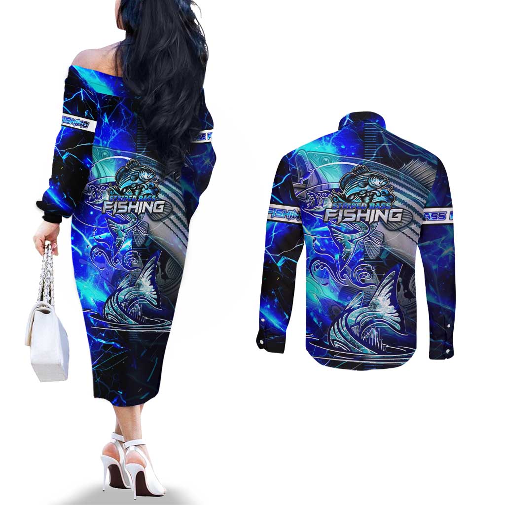 Blue Lightning Striped Bass Couples Matching Off The Shoulder Long Sleeve Dress and Long Sleeve Button Shirt Power Surge Fishing Hook Electric Print - Wonder Print Shop