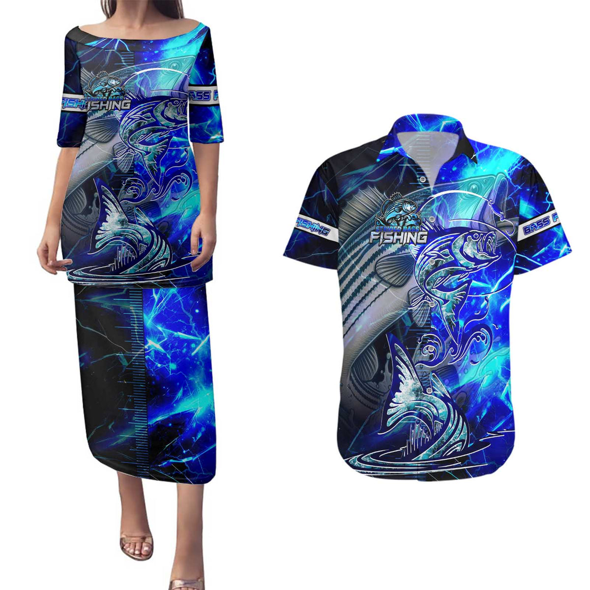 Blue Lightning Striped Bass Couples Matching Puletasi and Hawaiian Shirt Power Surge Fishing Hook Electric Print - Wonder Print Shop