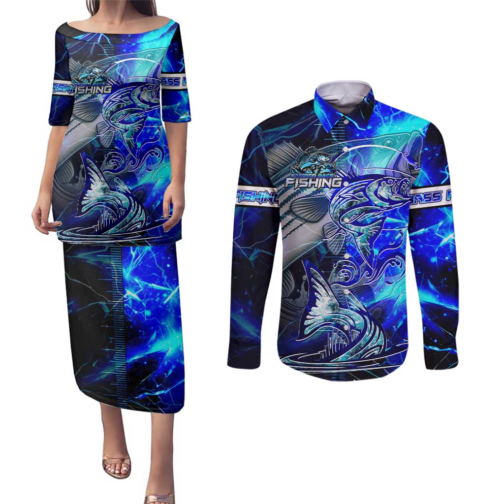 Blue Lightning Striped Bass Couples Matching Puletasi and Long Sleeve Button Shirt Power Surge Fishing Hook Electric Print - Wonder Print Shop