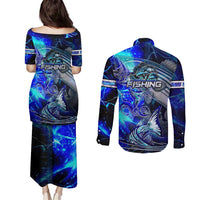 Blue Lightning Striped Bass Couples Matching Puletasi and Long Sleeve Button Shirt Power Surge Fishing Hook Electric Print - Wonder Print Shop