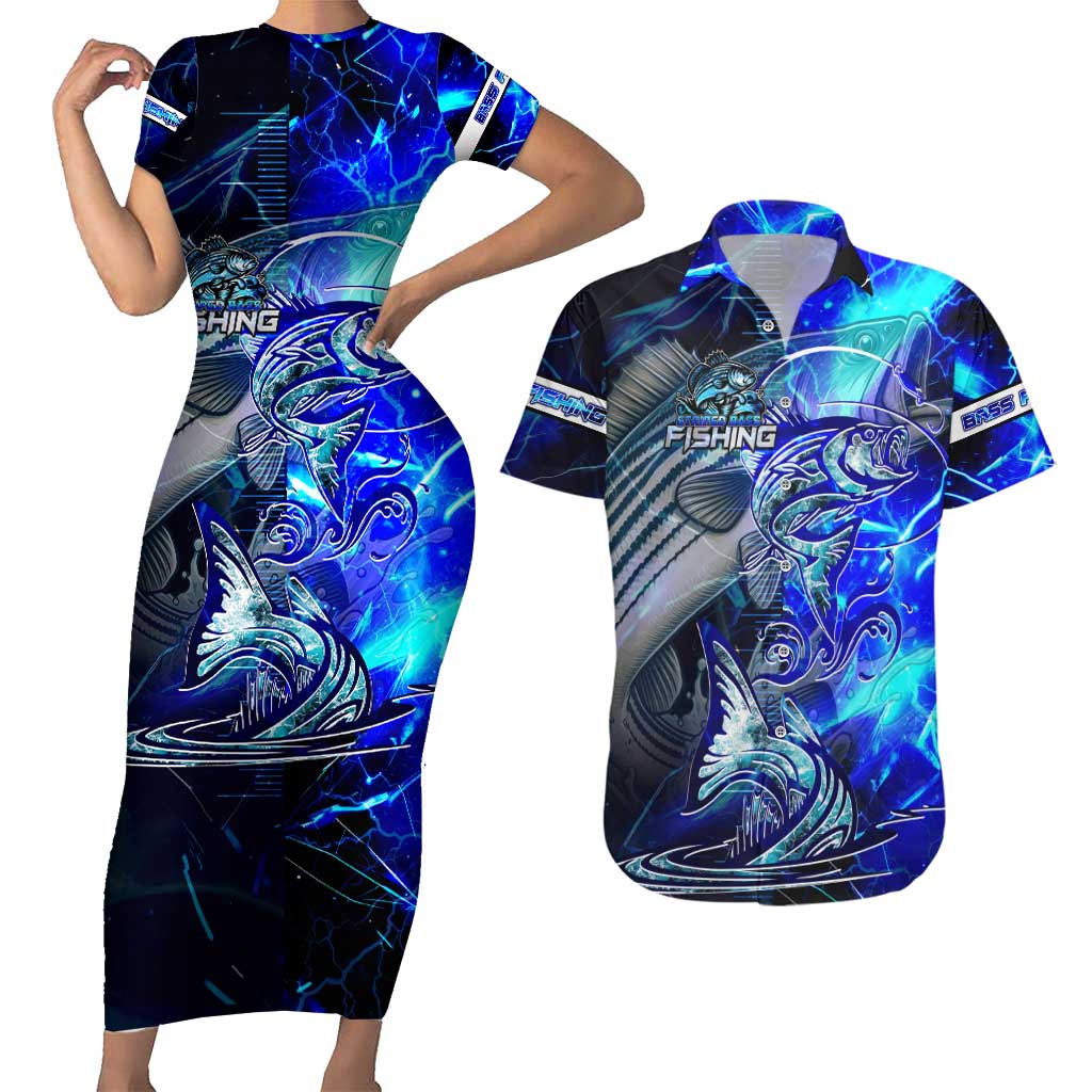 Blue Lightning Striped Bass Couples Matching Short Sleeve Bodycon Dress and Hawaiian Shirt Power Surge Fishing Hook Electric Print - Wonder Print Shop