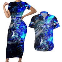 Blue Lightning Striped Bass Couples Matching Short Sleeve Bodycon Dress and Hawaiian Shirt Power Surge Fishing Hook Electric Print - Wonder Print Shop
