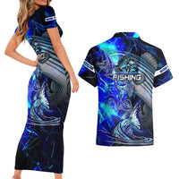 Blue Lightning Striped Bass Couples Matching Short Sleeve Bodycon Dress and Hawaiian Shirt Power Surge Fishing Hook Electric Print - Wonder Print Shop