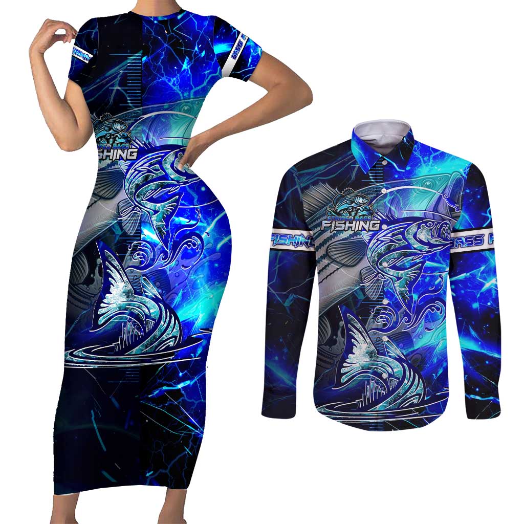 Blue Lightning Striped Bass Couples Matching Short Sleeve Bodycon Dress and Long Sleeve Button Shirt Power Surge Fishing Hook Electric Print - Wonder Print Shop