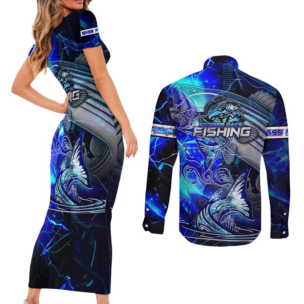 Blue Lightning Striped Bass Couples Matching Short Sleeve Bodycon Dress and Long Sleeve Button Shirt Power Surge Fishing Hook Electric Print - Wonder Print Shop