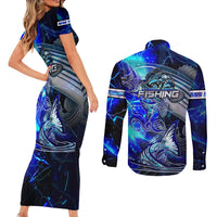 Blue Lightning Striped Bass Couples Matching Short Sleeve Bodycon Dress and Long Sleeve Button Shirt Power Surge Fishing Hook Electric Print - Wonder Print Shop