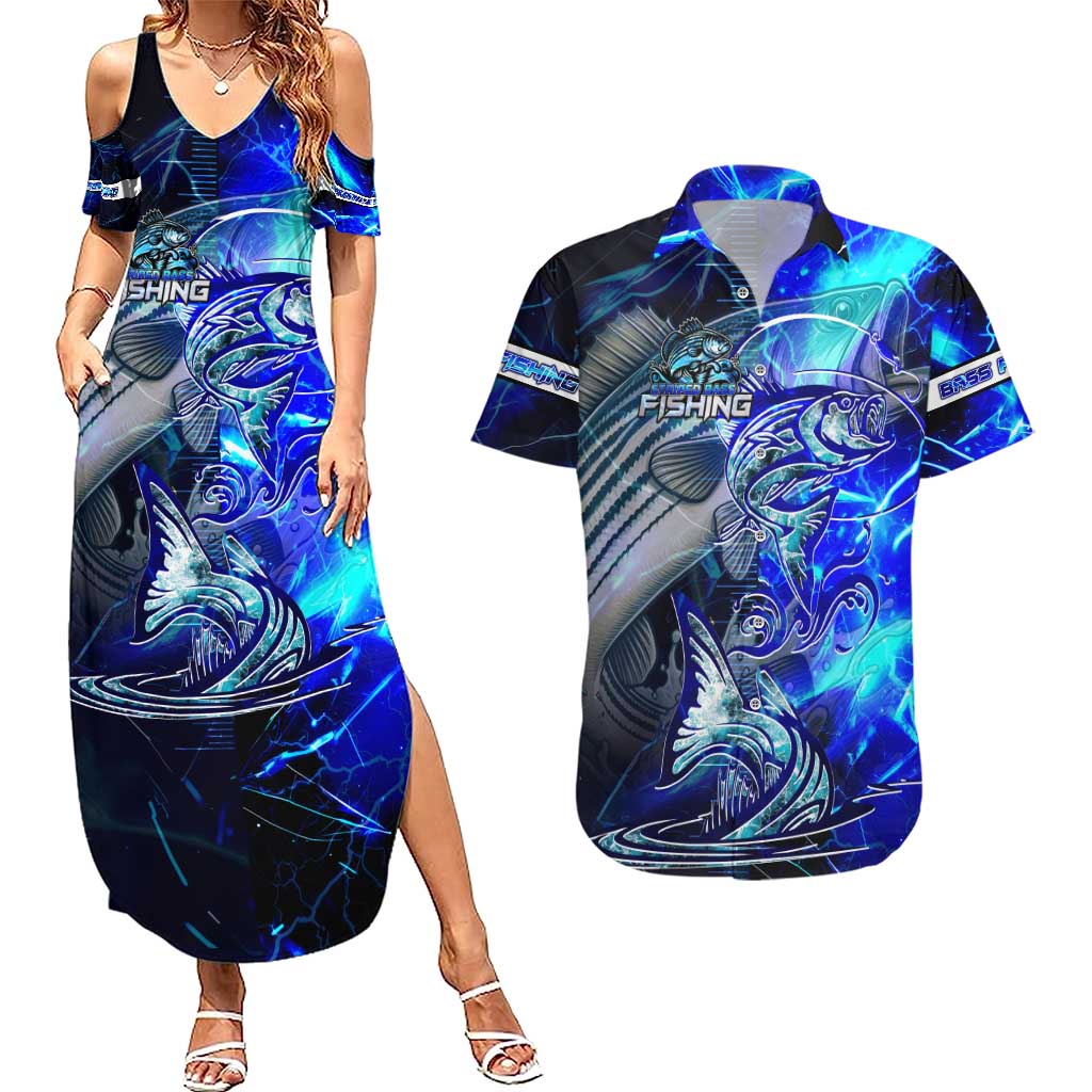 Blue Lightning Striped Bass Couples Matching Summer Maxi Dress and Hawaiian Shirt Power Surge Fishing Hook Electric Print - Wonder Print Shop