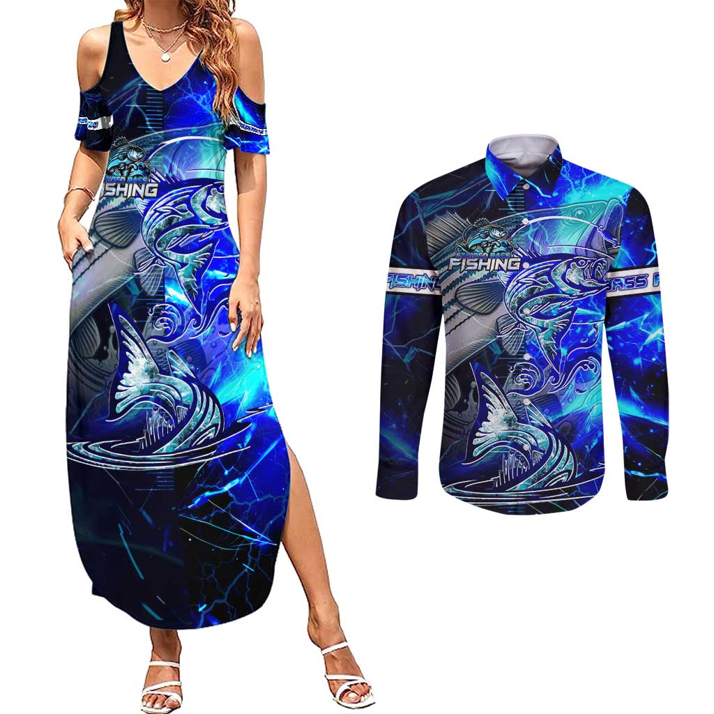 Blue Lightning Striped Bass Couples Matching Summer Maxi Dress and Long Sleeve Button Shirt Power Surge Fishing Hook Electric Print - Wonder Print Shop