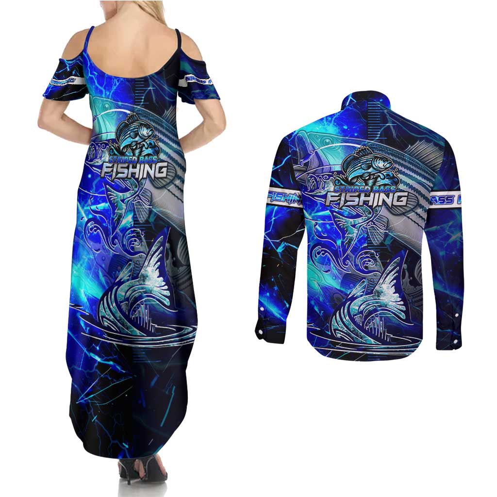 Blue Lightning Striped Bass Couples Matching Summer Maxi Dress and Long Sleeve Button Shirt Power Surge Fishing Hook Electric Print - Wonder Print Shop