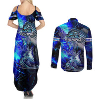 Blue Lightning Striped Bass Couples Matching Summer Maxi Dress and Long Sleeve Button Shirt Power Surge Fishing Hook Electric Print - Wonder Print Shop