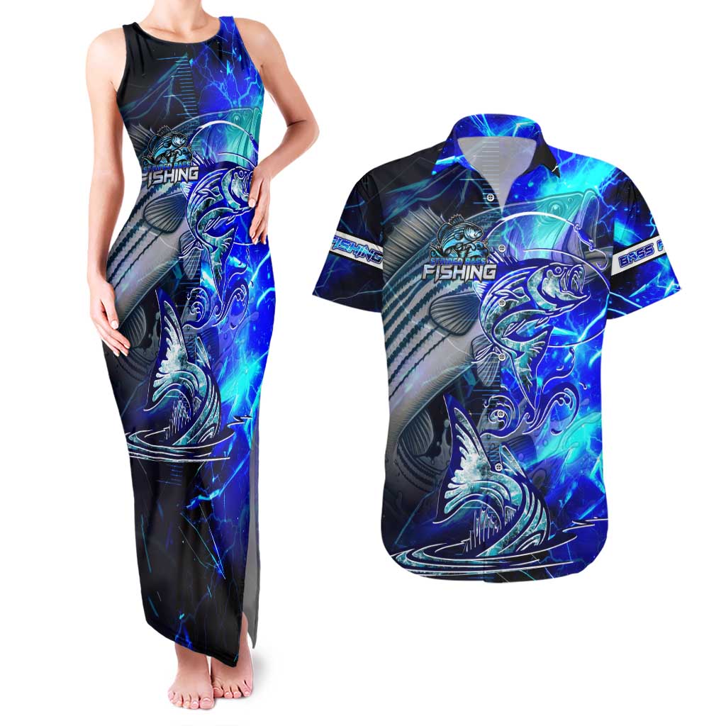 Blue Lightning Striped Bass Couples Matching Tank Maxi Dress and Hawaiian Shirt Power Surge Fishing Hook Electric Print - Wonder Print Shop
