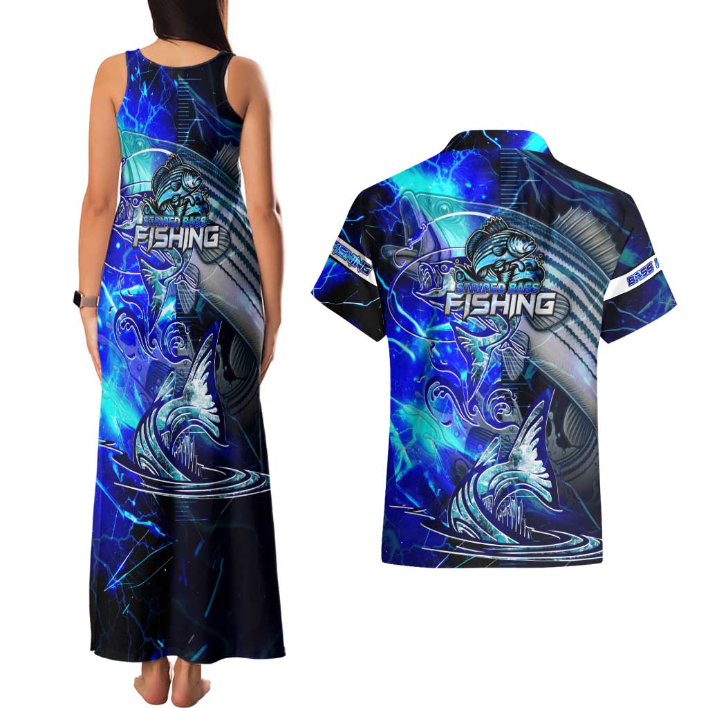 Blue Lightning Striped Bass Couples Matching Tank Maxi Dress and Hawaiian Shirt Power Surge Fishing Hook Electric Print - Wonder Print Shop