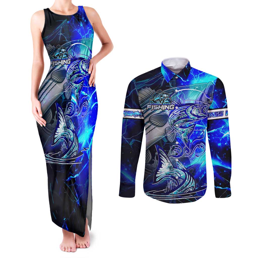 Blue Lightning Striped Bass Couples Matching Tank Maxi Dress and Long Sleeve Button Shirt Power Surge Fishing Hook Electric Print - Wonder Print Shop