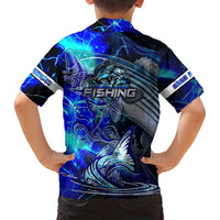 Blue Lightning Striped Bass Family Matching Long Sleeve Bodycon Dress and Hawaiian Shirt Power Surge Fishing Hook Electric Print - Wonder Print Shop