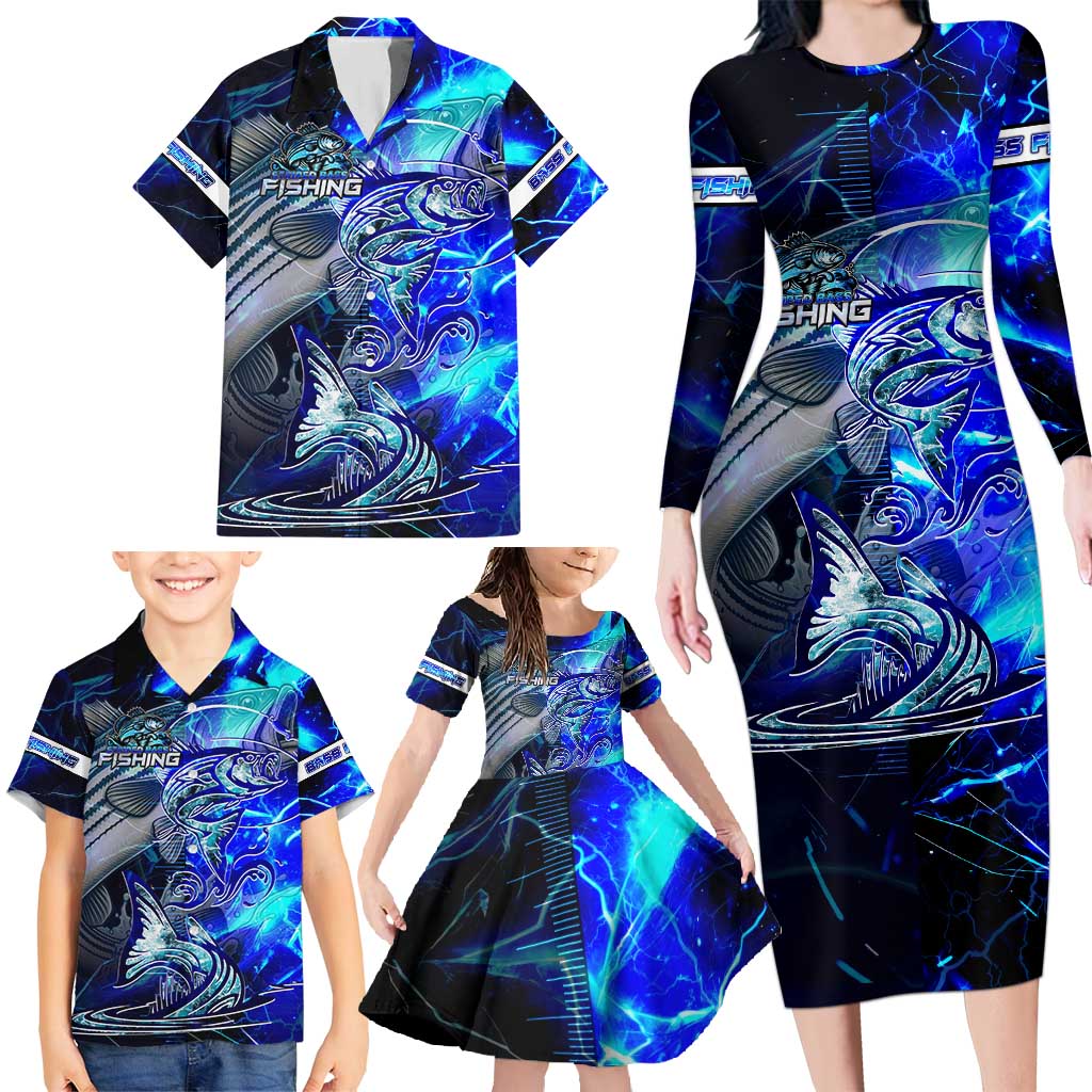 Blue Lightning Striped Bass Family Matching Long Sleeve Bodycon Dress and Hawaiian Shirt Power Surge Fishing Hook Electric Print - Wonder Print Shop