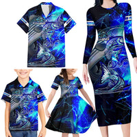 Blue Lightning Striped Bass Family Matching Long Sleeve Bodycon Dress and Hawaiian Shirt Power Surge Fishing Hook Electric Print - Wonder Print Shop