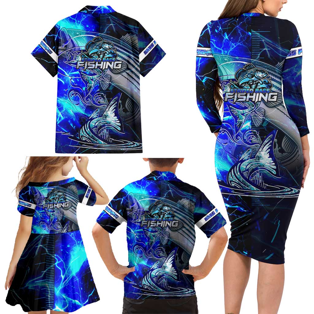 Blue Lightning Striped Bass Family Matching Long Sleeve Bodycon Dress and Hawaiian Shirt Power Surge Fishing Hook Electric Print - Wonder Print Shop