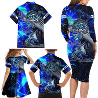 Blue Lightning Striped Bass Family Matching Long Sleeve Bodycon Dress and Hawaiian Shirt Power Surge Fishing Hook Electric Print - Wonder Print Shop
