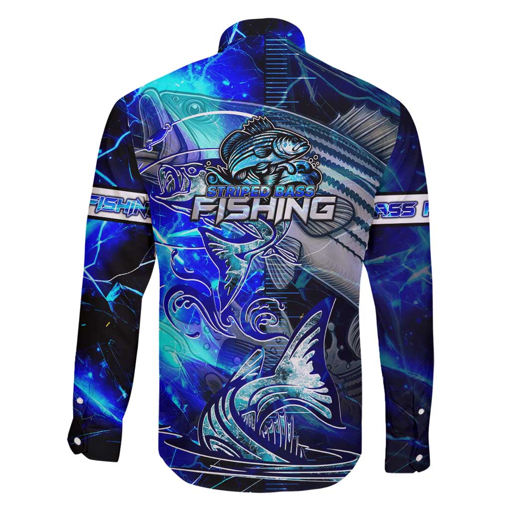 Blue Lightning Striped Bass Family Matching Long Sleeve Bodycon Dress and Hawaiian Shirt Power Surge Fishing Hook Electric Print - Wonder Print Shop