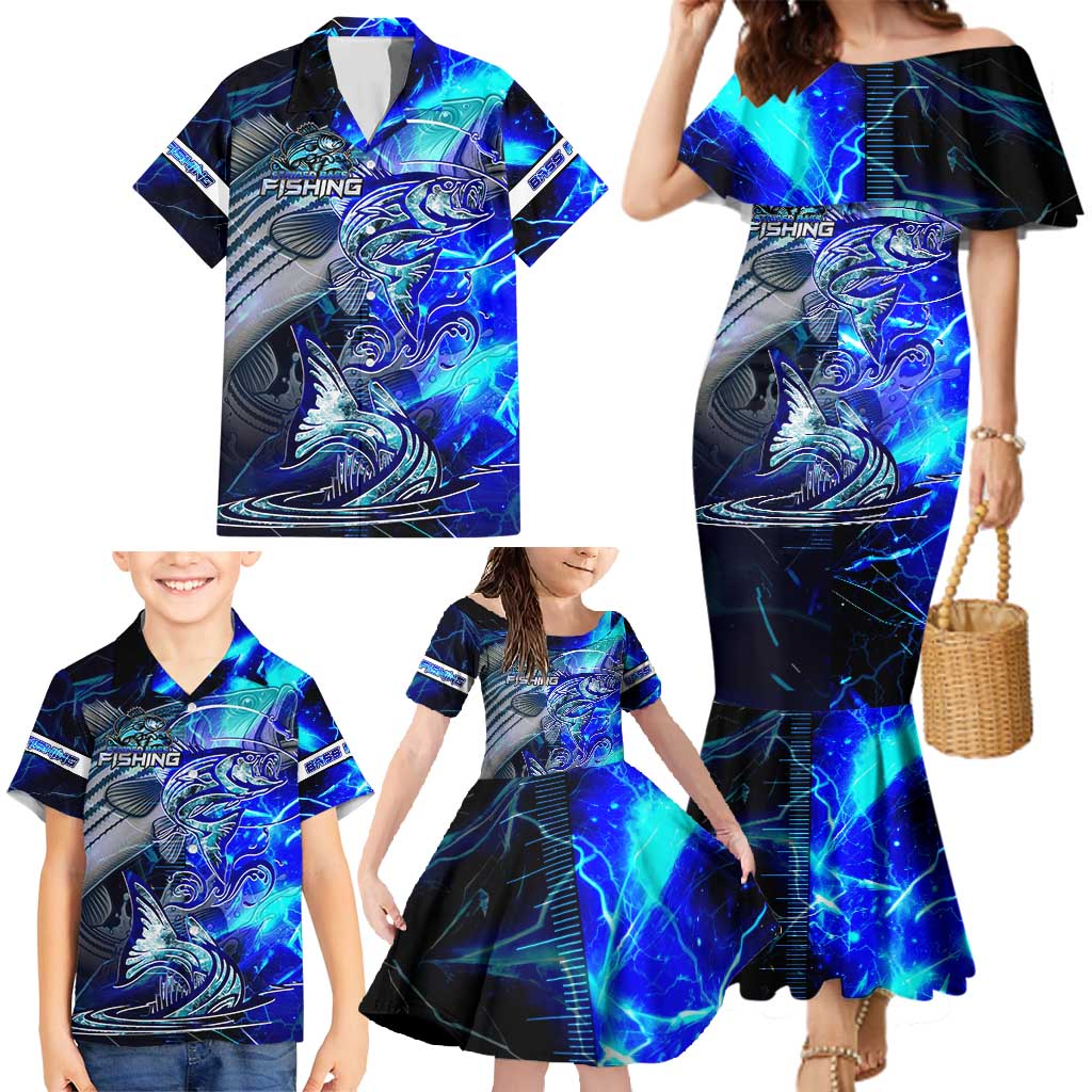 Blue Lightning Striped Bass Family Matching Mermaid Dress and Hawaiian Shirt Power Surge Fishing Hook Electric Print - Wonder Print Shop