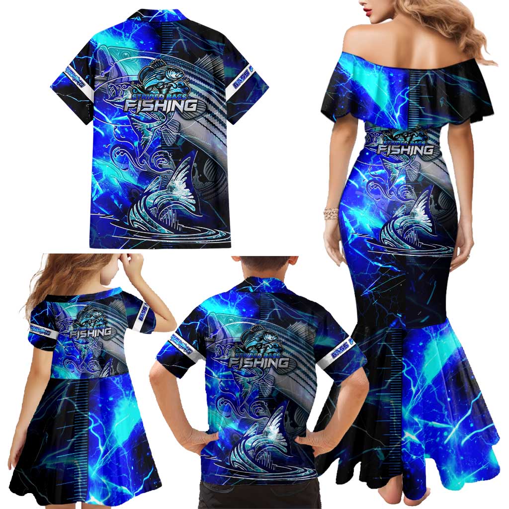 Blue Lightning Striped Bass Family Matching Mermaid Dress and Hawaiian Shirt Power Surge Fishing Hook Electric Print - Wonder Print Shop