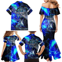 Blue Lightning Striped Bass Family Matching Mermaid Dress and Hawaiian Shirt Power Surge Fishing Hook Electric Print - Wonder Print Shop