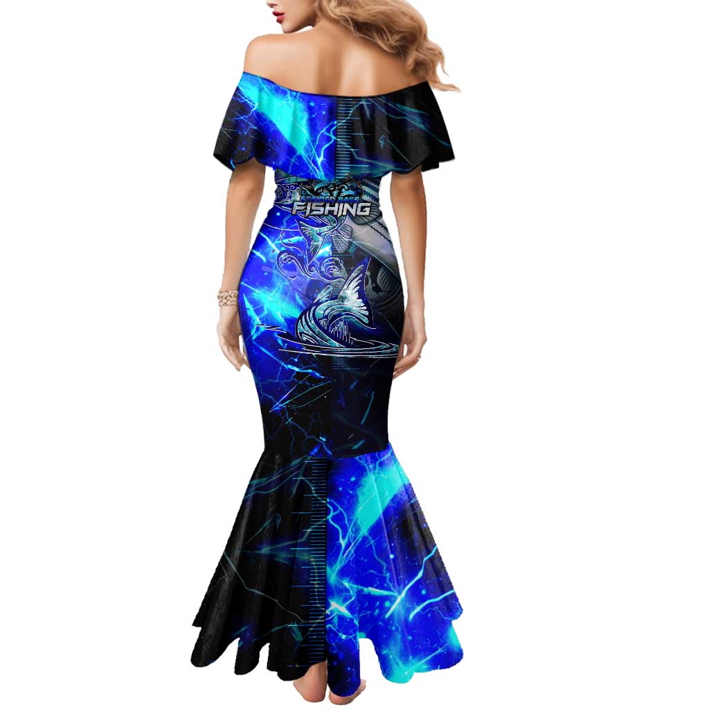 Blue Lightning Striped Bass Family Matching Mermaid Dress and Hawaiian Shirt Power Surge Fishing Hook Electric Print - Wonder Print Shop