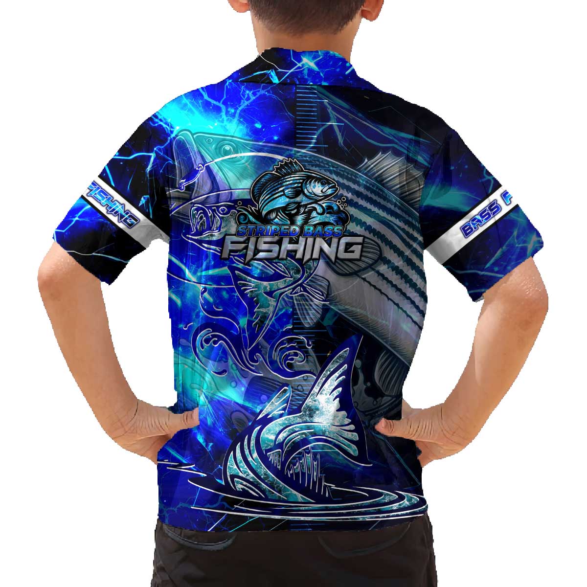 Blue Lightning Striped Bass Family Matching Off The Shoulder Long Sleeve Dress and Hawaiian Shirt Power Surge Fishing Hook Electric Print - Wonder Print Shop