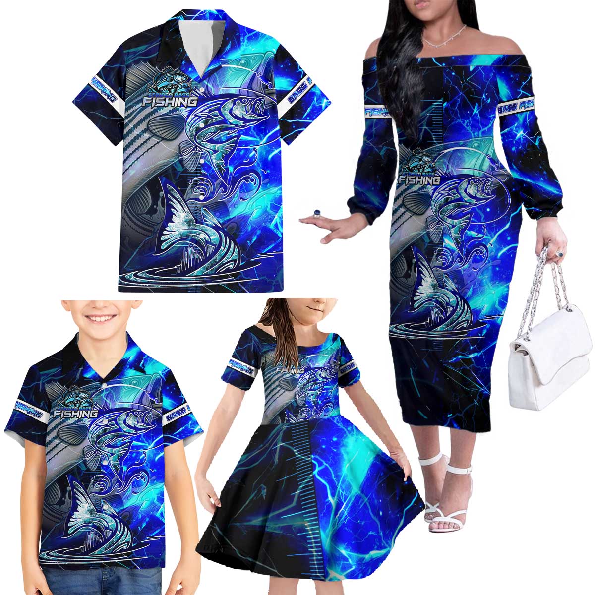 Blue Lightning Striped Bass Family Matching Off The Shoulder Long Sleeve Dress and Hawaiian Shirt Power Surge Fishing Hook Electric Print - Wonder Print Shop