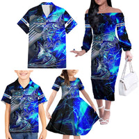 Blue Lightning Striped Bass Family Matching Off The Shoulder Long Sleeve Dress and Hawaiian Shirt Power Surge Fishing Hook Electric Print - Wonder Print Shop