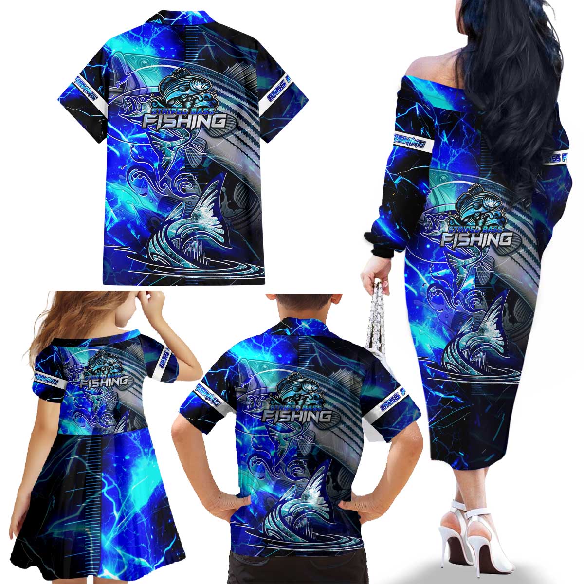 Blue Lightning Striped Bass Family Matching Off The Shoulder Long Sleeve Dress and Hawaiian Shirt Power Surge Fishing Hook Electric Print - Wonder Print Shop