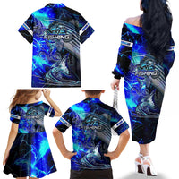 Blue Lightning Striped Bass Family Matching Off The Shoulder Long Sleeve Dress and Hawaiian Shirt Power Surge Fishing Hook Electric Print - Wonder Print Shop