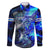 Blue Lightning Striped Bass Family Matching Off The Shoulder Long Sleeve Dress and Hawaiian Shirt Power Surge Fishing Hook Electric Print - Wonder Print Shop