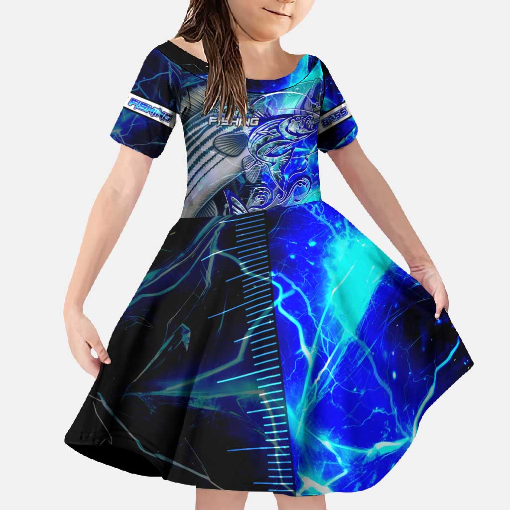 Blue Lightning Striped Bass Family Matching Off Shoulder Maxi Dress and Hawaiian Shirt Power Surge Fishing Hook Electric Print - Wonder Print Shop