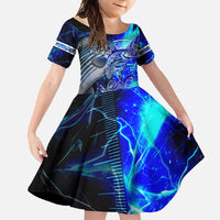 Blue Lightning Striped Bass Family Matching Off Shoulder Maxi Dress and Hawaiian Shirt Power Surge Fishing Hook Electric Print - Wonder Print Shop