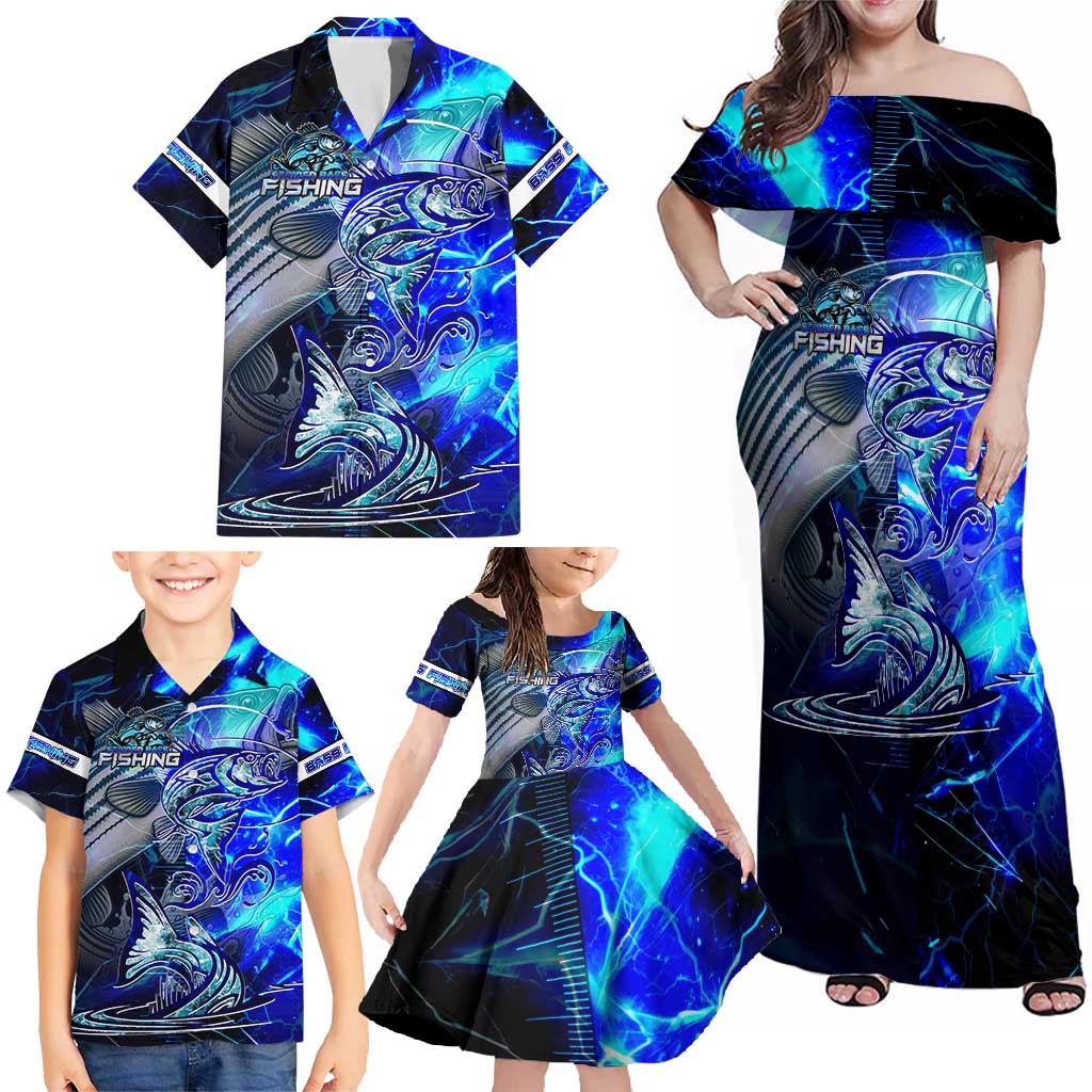 Blue Lightning Striped Bass Family Matching Off Shoulder Maxi Dress and Hawaiian Shirt Power Surge Fishing Hook Electric Print - Wonder Print Shop