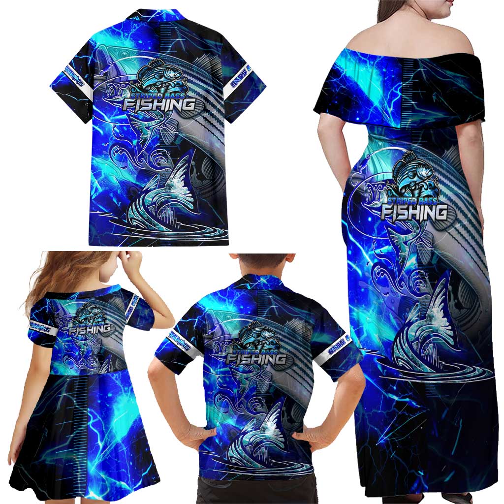 Blue Lightning Striped Bass Family Matching Off Shoulder Maxi Dress and Hawaiian Shirt Power Surge Fishing Hook Electric Print - Wonder Print Shop