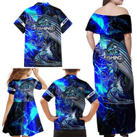 Blue Lightning Striped Bass Family Matching Off Shoulder Maxi Dress and Hawaiian Shirt Power Surge Fishing Hook Electric Print - Wonder Print Shop
