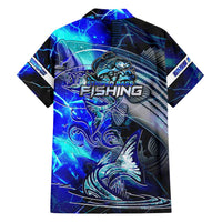 Blue Lightning Striped Bass Family Matching Off Shoulder Maxi Dress and Hawaiian Shirt Power Surge Fishing Hook Electric Print - Wonder Print Shop