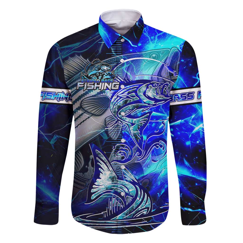 Blue Lightning Striped Bass Family Matching Off Shoulder Maxi Dress and Hawaiian Shirt Power Surge Fishing Hook Electric Print - Wonder Print Shop