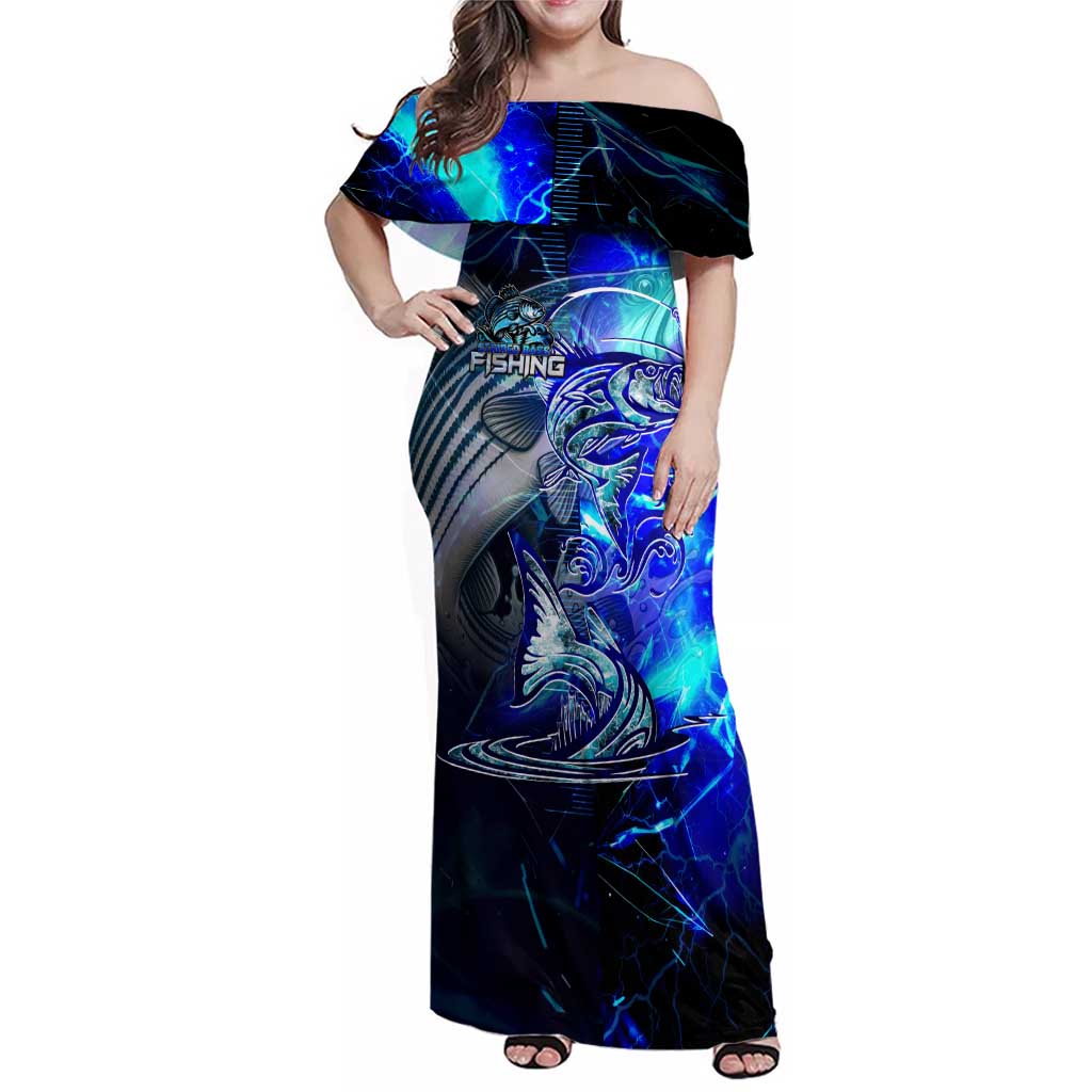 Blue Lightning Striped Bass Family Matching Off Shoulder Maxi Dress and Hawaiian Shirt Power Surge Fishing Hook Electric Print - Wonder Print Shop