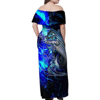 Blue Lightning Striped Bass Family Matching Off Shoulder Maxi Dress and Hawaiian Shirt Power Surge Fishing Hook Electric Print - Wonder Print Shop