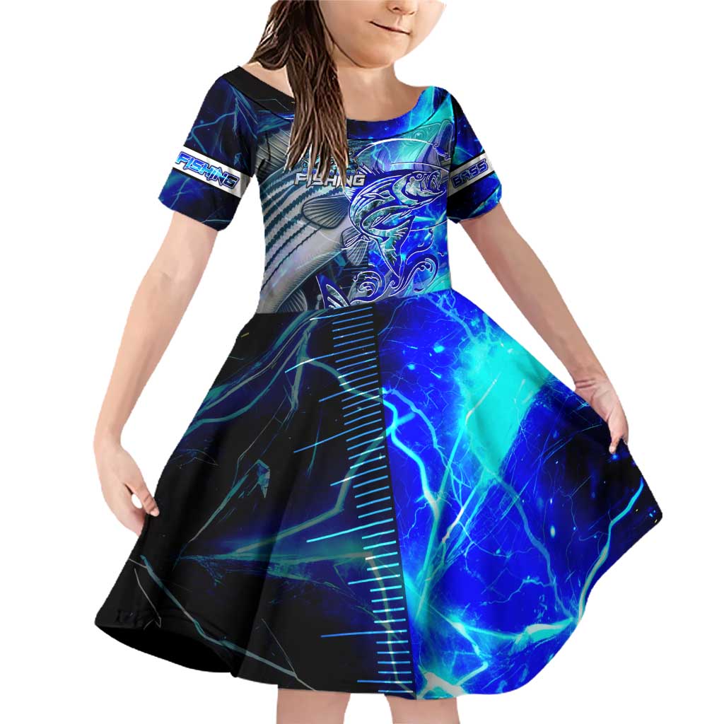 Blue Lightning Striped Bass Family Matching Off Shoulder Short Dress and Hawaiian Shirt Power Surge Fishing Hook Electric Print - Wonder Print Shop
