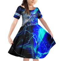 Blue Lightning Striped Bass Family Matching Off Shoulder Short Dress and Hawaiian Shirt Power Surge Fishing Hook Electric Print - Wonder Print Shop