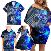 Blue Lightning Striped Bass Family Matching Off Shoulder Short Dress and Hawaiian Shirt Power Surge Fishing Hook Electric Print - Wonder Print Shop