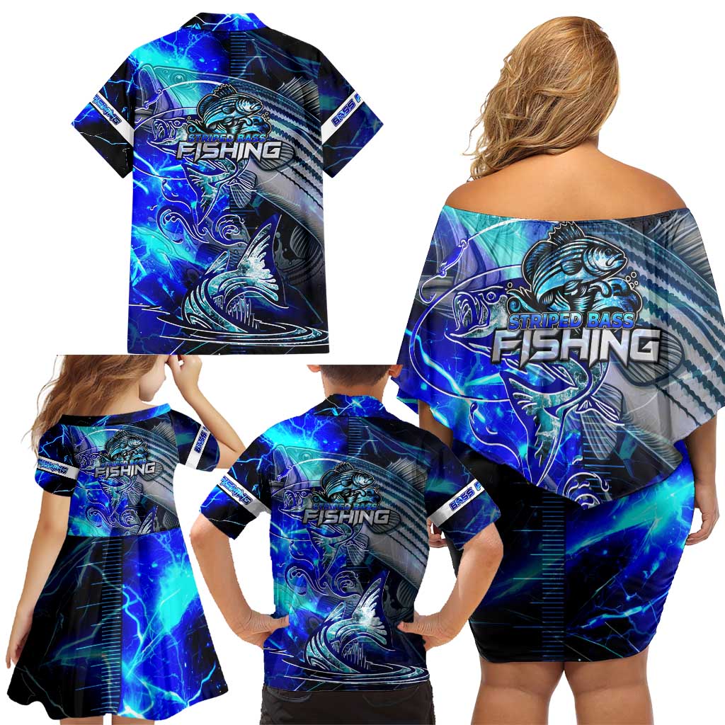 Blue Lightning Striped Bass Family Matching Off Shoulder Short Dress and Hawaiian Shirt Power Surge Fishing Hook Electric Print - Wonder Print Shop
